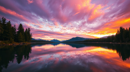 Majestic sunset over mountain lake