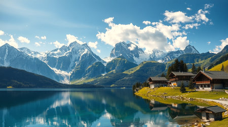 Panoramic view of the lake with mountains in background, Switzerland