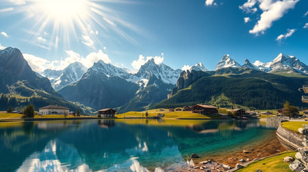Panoramic view of the lake in the Swiss Alps. Switzerlandの写真素材