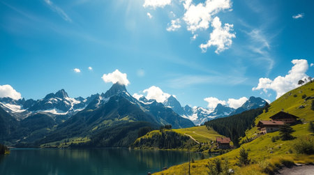 panoramic view of alpine lake in summer, swiss alpsの写真素材