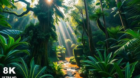 Digital composite of Digitally generated image of green tropical forest with sunbeamsの写真素材