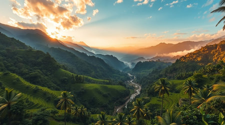 Terraced rice field landscape at sunset in Sapa, Vietnamの写真素材