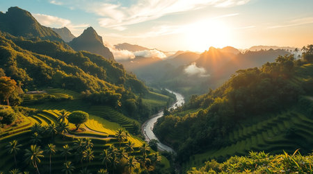 Rice terraces at sunset in Mu Cang Chai, YenBai, Vietnamの写真素材