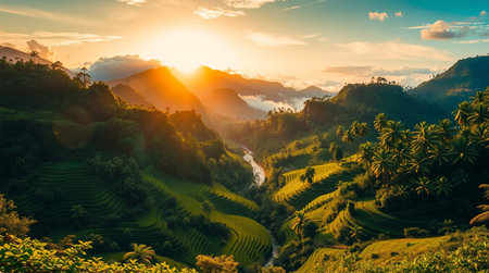Rice terraces at sunset in Mu Cang Chai, YenBai, Vietnamの写真素材