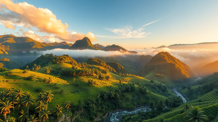 Panorama of rice terraces at sunset