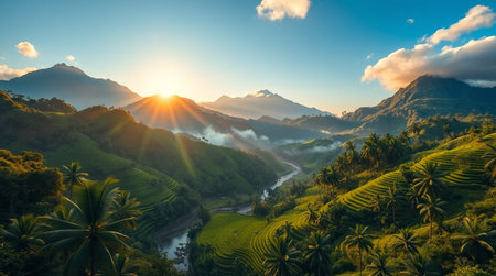 Panorama of rice terraces at sunrise in Bali, Indonesiaの写真素材