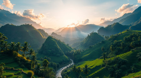 Panoramic view of rice terraces at sunset.