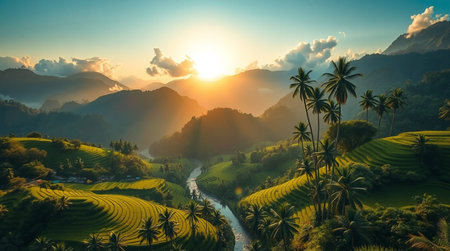 Rice terraces at sunset.