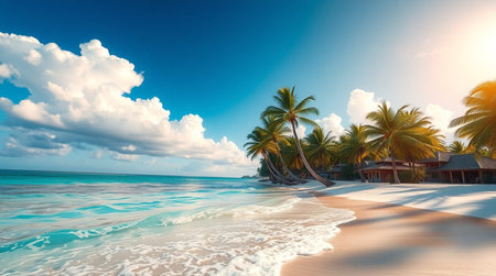 tropical beach with few palm trees and blue lagoon