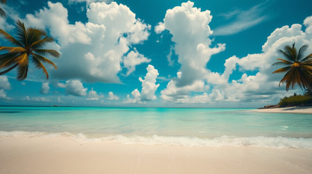tropical beach with few palm trees and blue lagoon