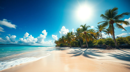 Beautiful tropical beach with coconut palm trees at Seychelles