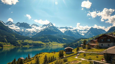 Panoramic view of idyllic alpine landscape with mountain lake in Switzerlandの写真素材