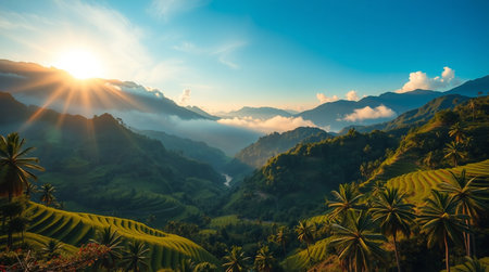 Rice terraces at sunset in Bali island, Indonesia.