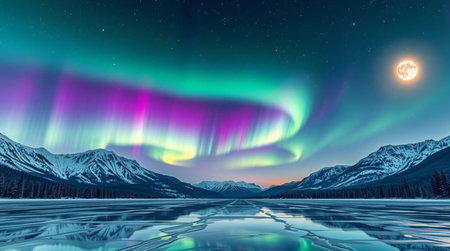 Aurora borealis, northern lights over frozen lake and snowy mountainsの写真素材
