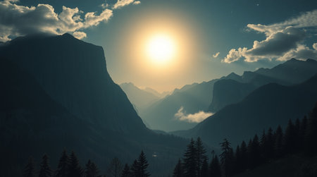 Sunset in the mountains. Panoramic view of the valley.
