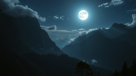 Full moon over the mountain range and forest at night.