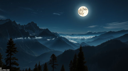 Mountain landscape at night in full moon light. 3D rendering