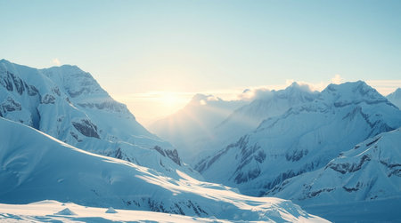 Snowy mountains panorama at sunset. Caucasus Mountains, Georgia, region Gudauri.