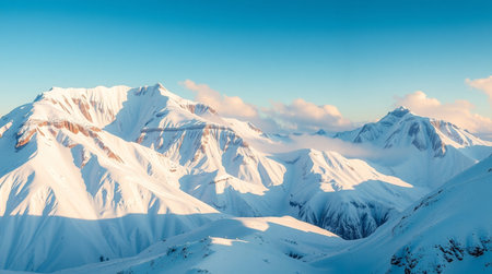 Snowy mountains at sunset. Caucasus Mountains, Georgia, region Gudauri.
