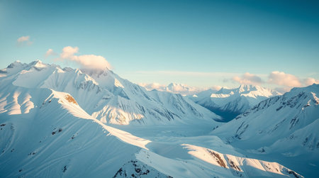 Snowy mountains at sunset.