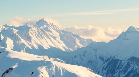 Snowy mountains at sunset. Caucasus Mountains, Georgia, region Gudauri.
