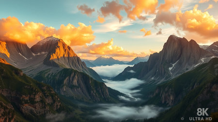 Sunset over the mountains. Panoramic view of the valley.
