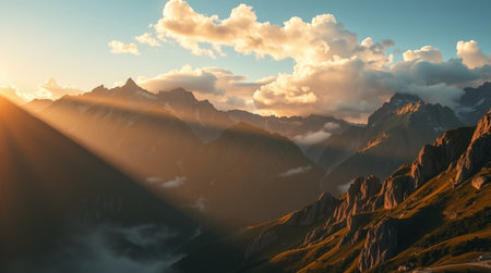 Sunset in the mountains. Panoramic view of the Alps.