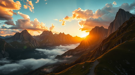 Beautiful sunset in the mountains. Panoramic view of the Alps.