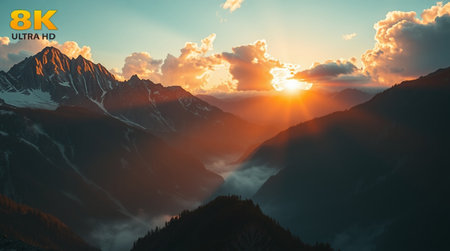 Beautiful mountain landscape with clouds and sun in the sky at sunrise