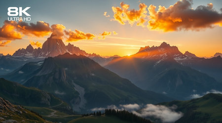 Mountain landscape at sunset. Panoramic view of the mountains in the clouds.