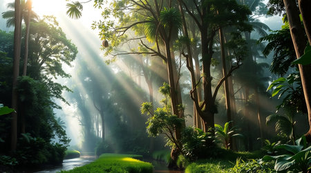Beautiful tropical rainforest with sun rays shining through the trees.