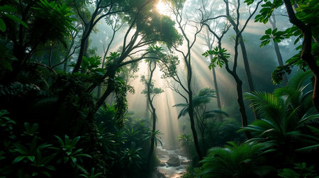 Tropical rainforest with sunbeams in the morning.