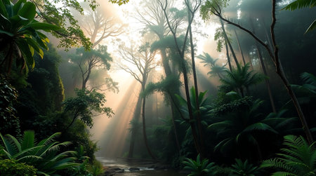 tropical forest with sunbeams and fog in the morning.