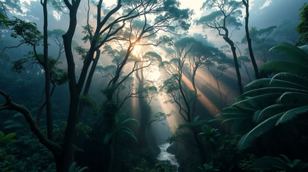 Beautiful tropical rainforest with fog and sunlight. Nature background.