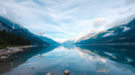 Mountains reflected in the water of Lake Louise, Alberta, Canada