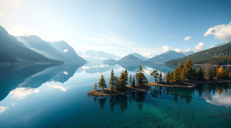 Panoramic view of the lake in the Canadian Rockies in summer