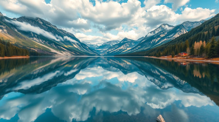 Mountain lake with reflection in the water. Panoramic view.