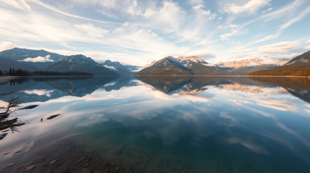 Mountains reflected in the calm waters of a lake.
