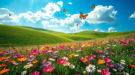 Spring meadow with colorful flowers and butterflies on background of blue skyの写真素材