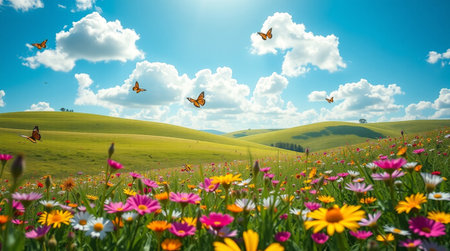 Spring meadow with flowers and butterflies in Tuscany, Italyの写真素材