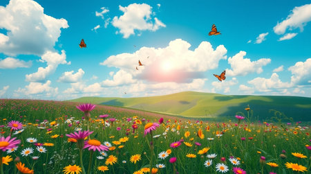 Beautiful meadow with daisies and butterflies. 3d renderingの写真素材