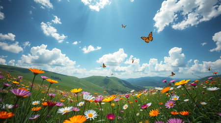 Beautiful meadow with flowers and butterflies in the background of mountainsの写真素材