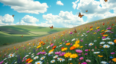 Beautiful meadow with wildflowers and butterflies in Tuscany