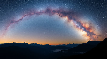 Milky way over the mountains at night. Panoramic view.