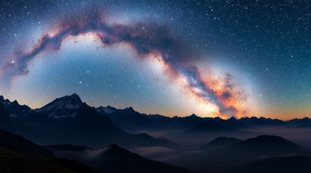 Milky Way over the mountains. Panoramic view of the Himalayas.