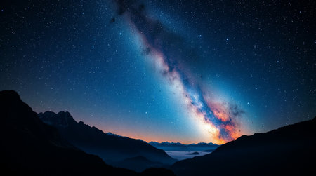 Milky way over the mountains at night. Beautiful landscape with starry sky and milky way