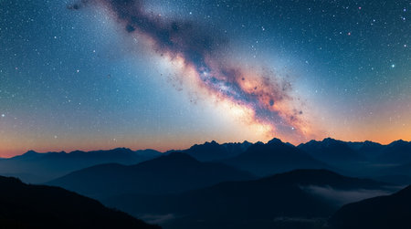 Milky Way over the mountains in the summer. Night sky.の写真素材