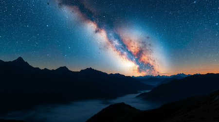 Milky Way over the mountains at sunrise. Starry sky.の写真素材