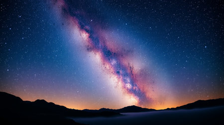 Milky way galaxy with stars in the night sky over mountains.