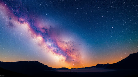 Milky way and stars in the night sky with mountains background.